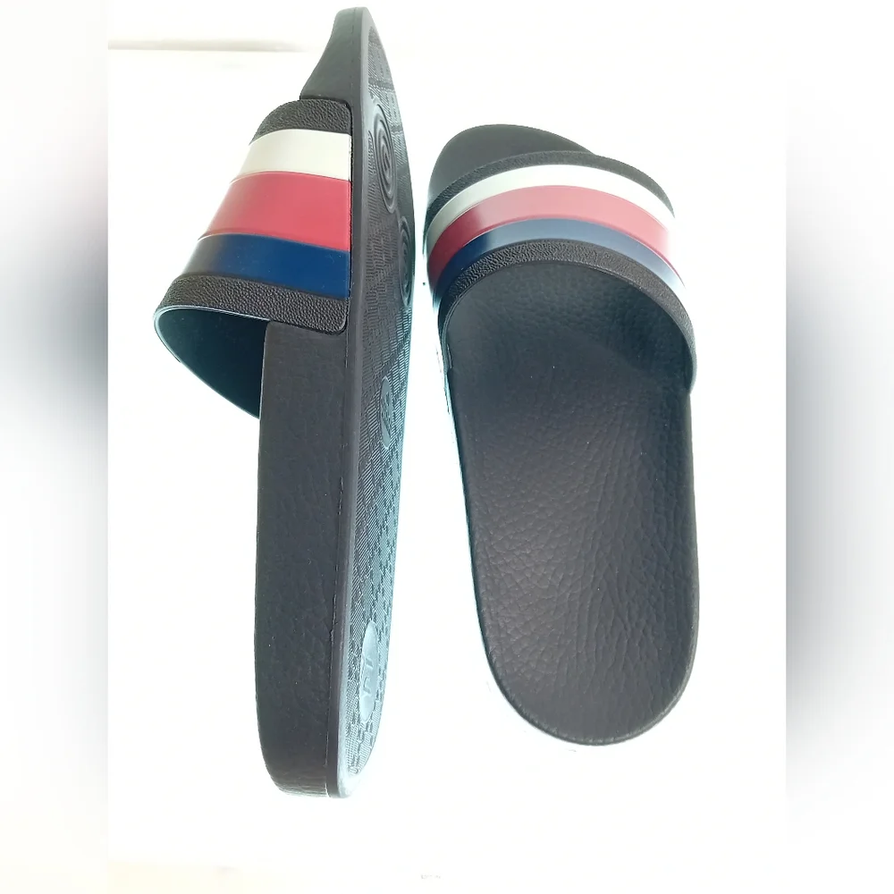 New Gucci 💯Authentic WEB RUBBER Slides IN BLACK Blue / Red & White Sandals